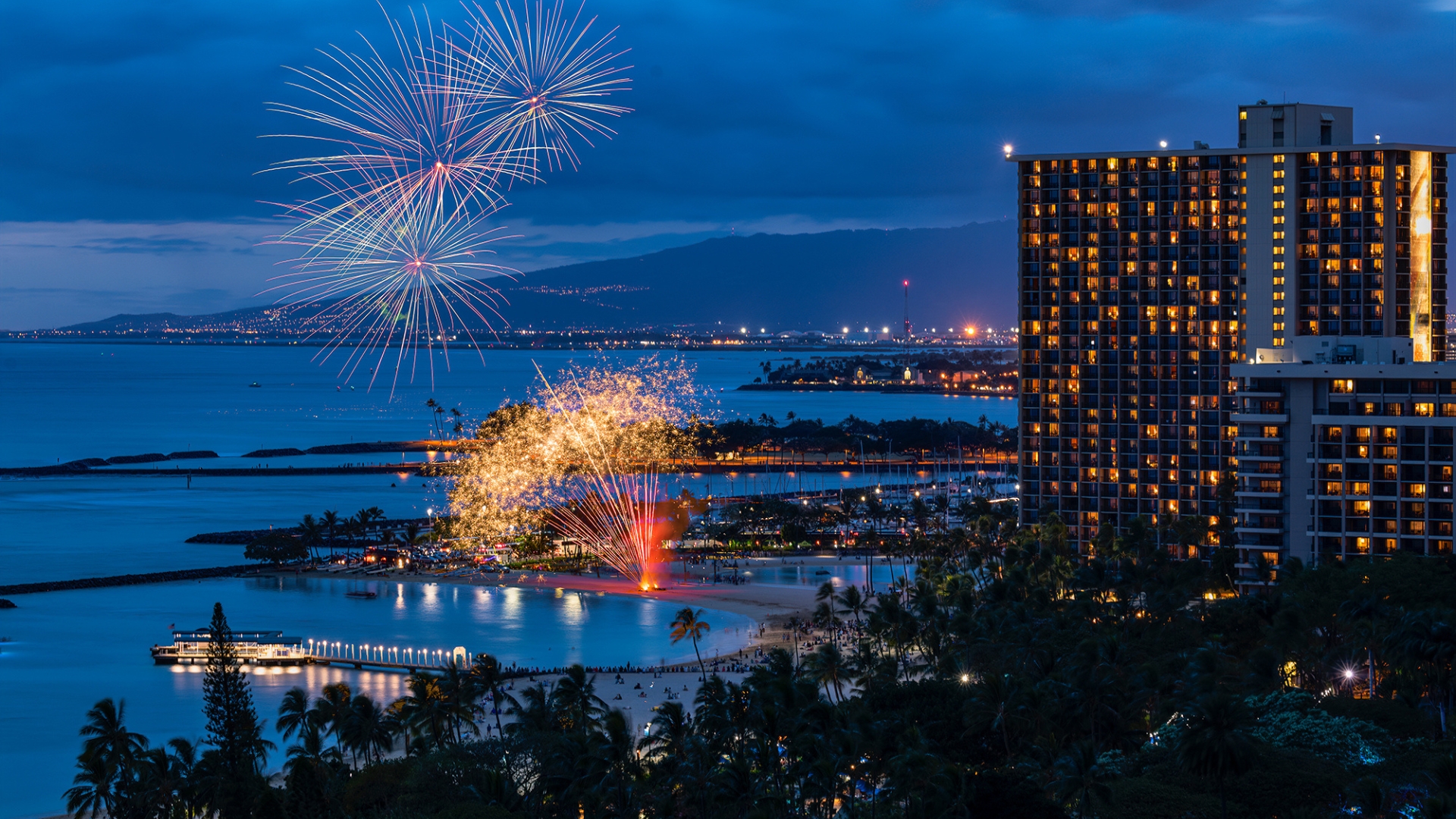 Waikiki Beach Fireworks at Dusk